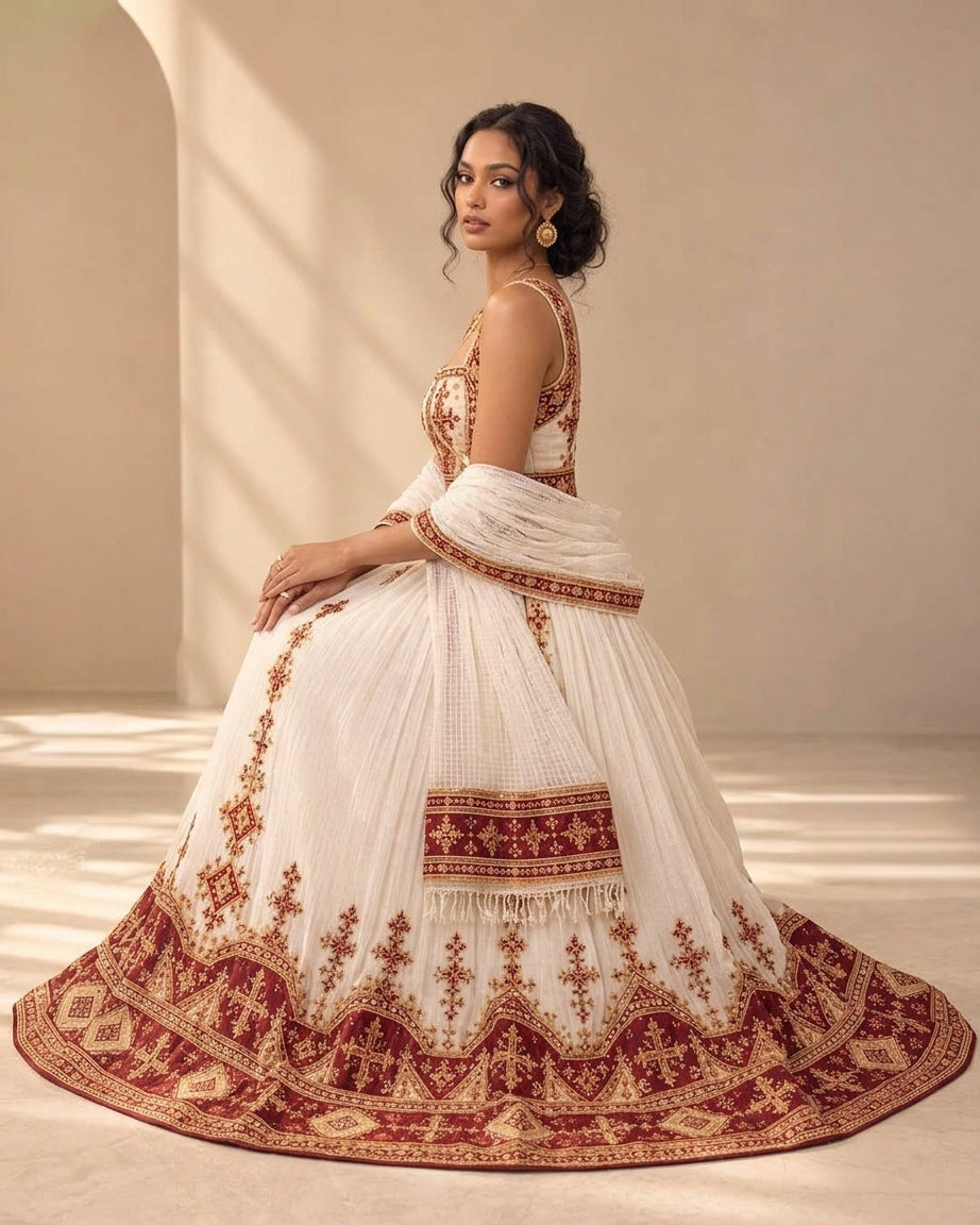 AI-generated Majestic Ivory Habesha-Inspired Gown Regal Burgundy Tibeb Borders Ethiopian Clothing 1155