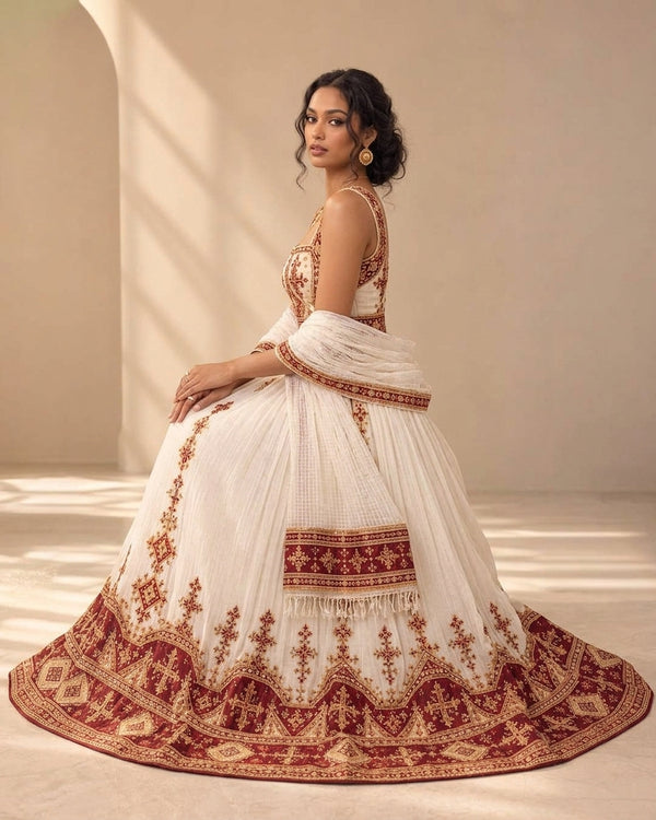 AI-generated Majestic Ivory Habesha-Inspired Gown Regal Burgundy Tibeb Borders Ethiopian Clothing 1155