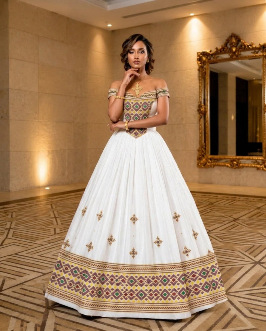 AI-Generated Off-The-Shoulder Jewel-Toned Geometric Habesha Kemis Regal Ethiopian Dress Concept 1335