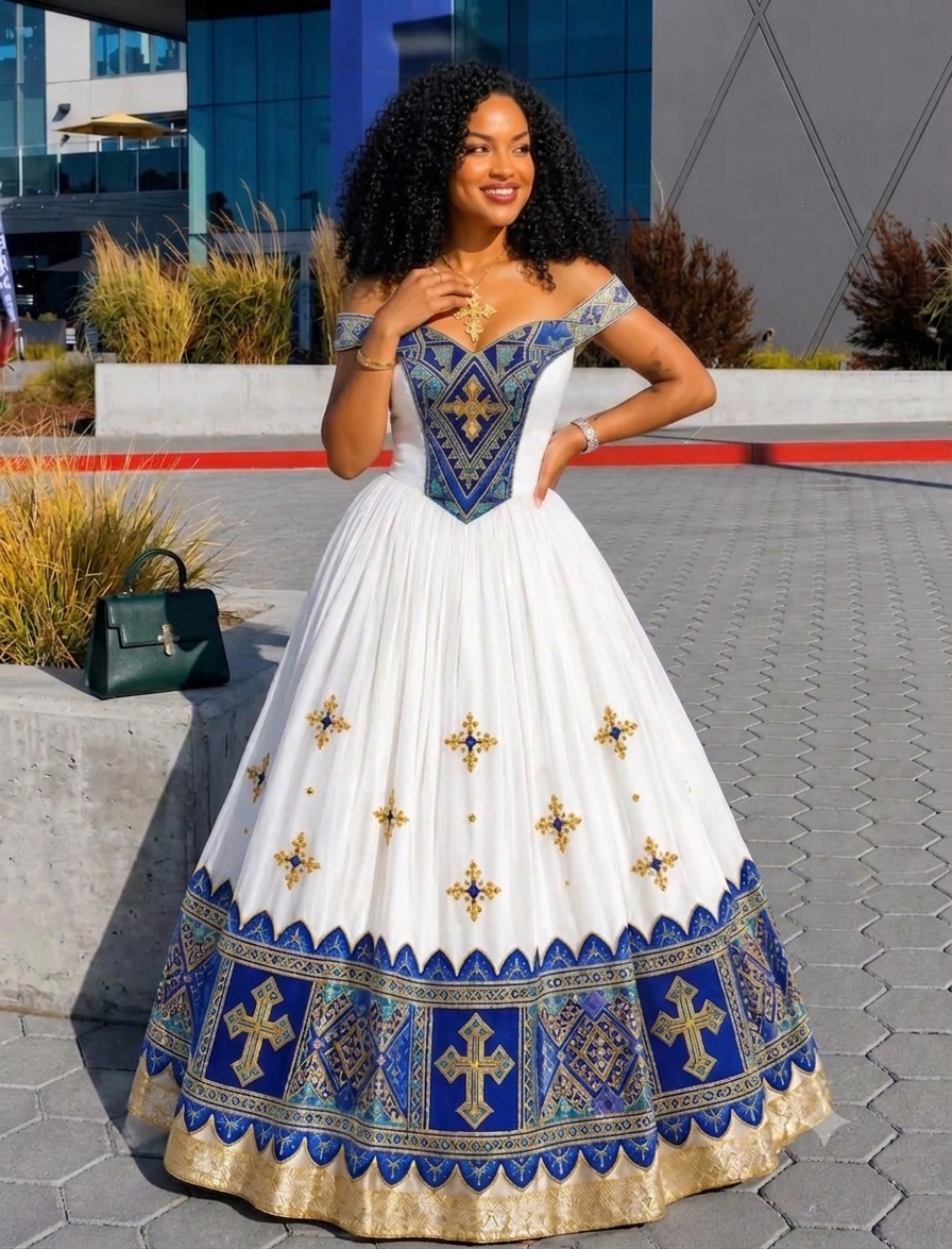 Order AI-Generated Habesha Kemis Online Royal Blue Ethiopian Traditional Dress
