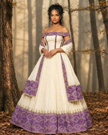 AI-Generated Off-The-Shoulder Royal-Purple & Gold Corset Habesha Kemis Elegant Ethiopian Dress 1294