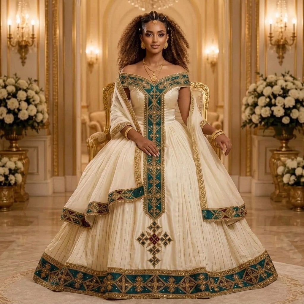 AI-Generated Off-Shoulder Deep Emerald & Gold Ballgown Habesha Kemis Royal Ethiopian Dress Concept 1172