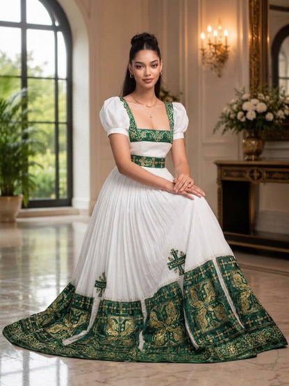 AI-Generated Short Puff-Sleeve Habesha Kemis Forest-Green & Gold Filigree Habesha Dress Classic Ethiopian Dress 1192