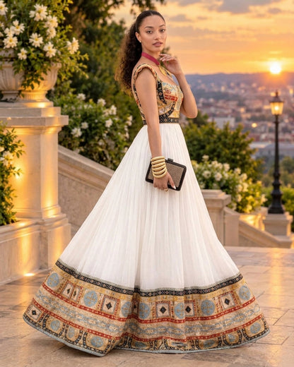 AI-Generated Sleeveless Sky-Blue & Multicolor Mosaic Habesha Kemis Regal Ethiopian Dress Concept 1182