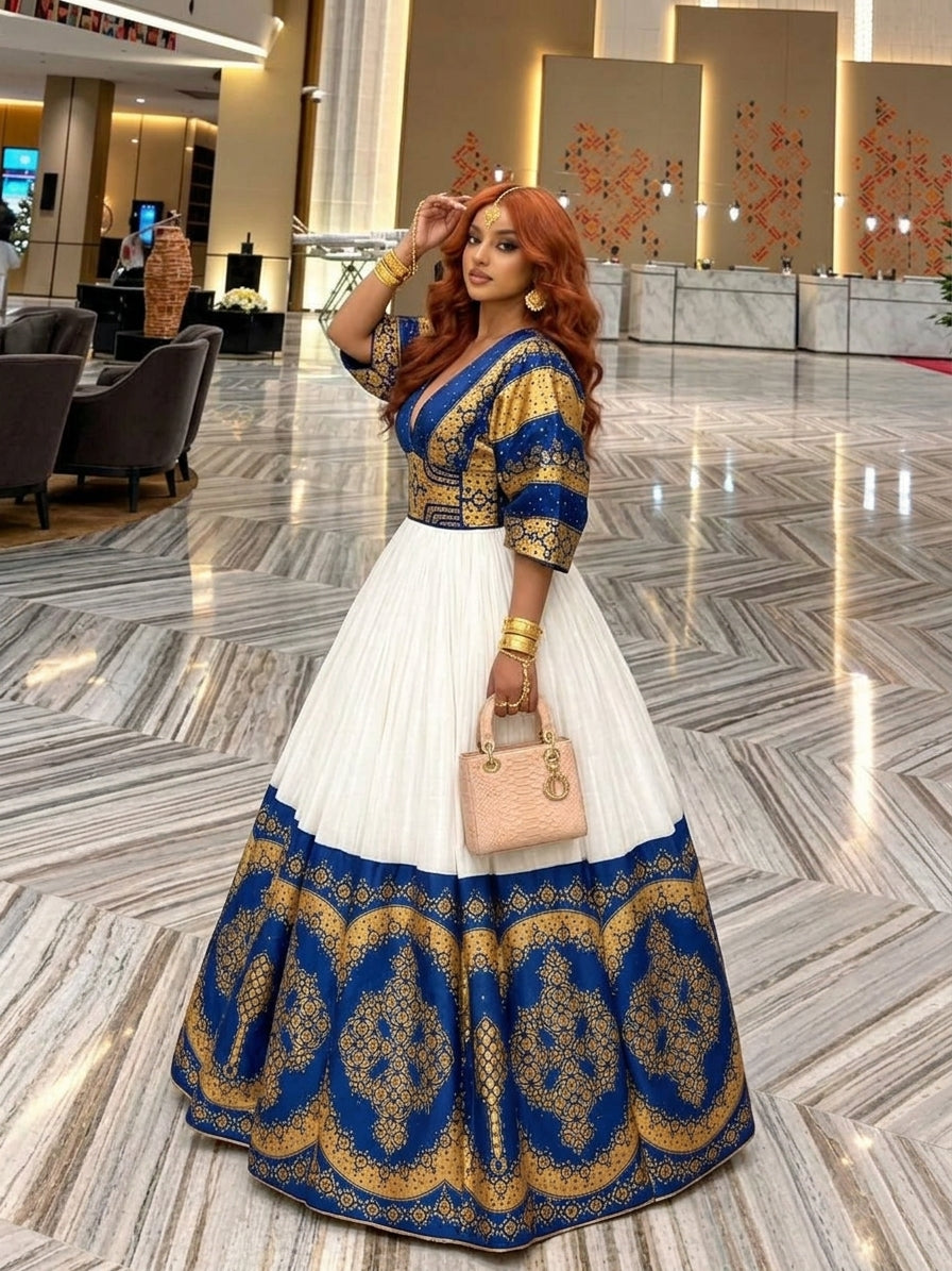 AI-Generated Kimono-Sleeve Royal-Blue & Gold Filigree Habesha Kemis Majestic Ethiopian Wedding Dress  1253