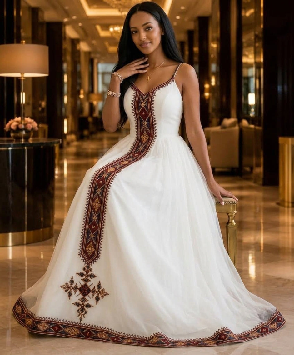 AI-Generated Spaghetti-Strap Burgundy & Gold Geometric Habesha Kemis Sleek Ethiopian Dress1233