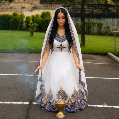 AI-Generated Royal Blue and Gold Embroidered Habesha Kemis Cultural Habesha Dress For Timeless Elegance 1161