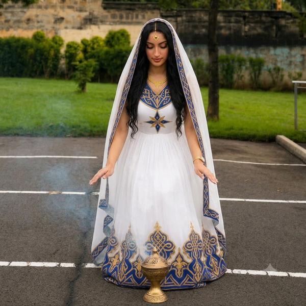 AI-Generated Royal Blue and Gold Embroidered Habesha Kemis Cultural Habesha Dress For Timeless Elegance 1161