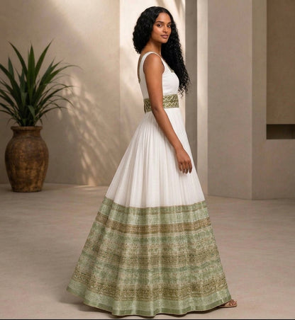 AI-Generated Sleeveless Sage-Green & Bronze Banded Habesha Kemis Serene Ethiopian Dress Concept 1203