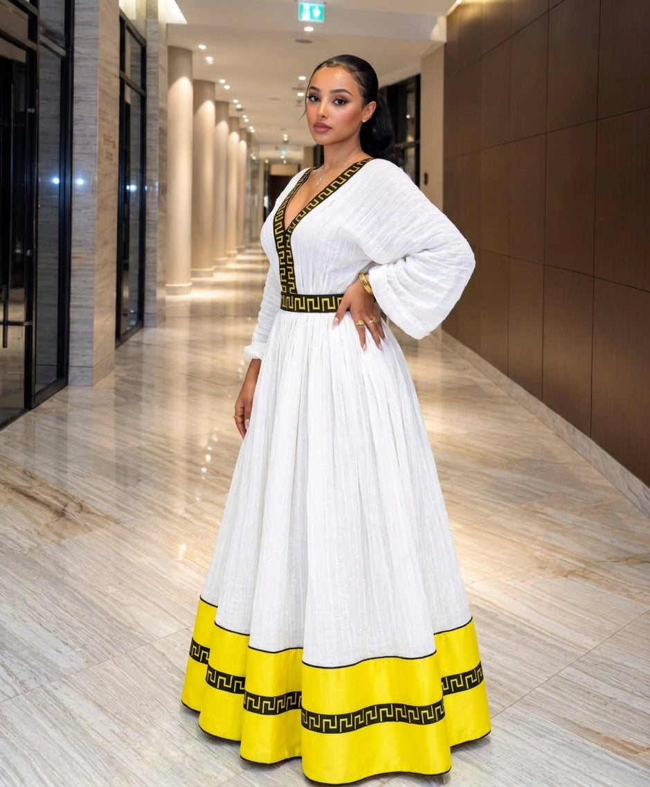 AI-Generated Long-Sleeve Bright-Yellow & Black Geometric Habesha Kemis Modern Ethiopian Dress Concept