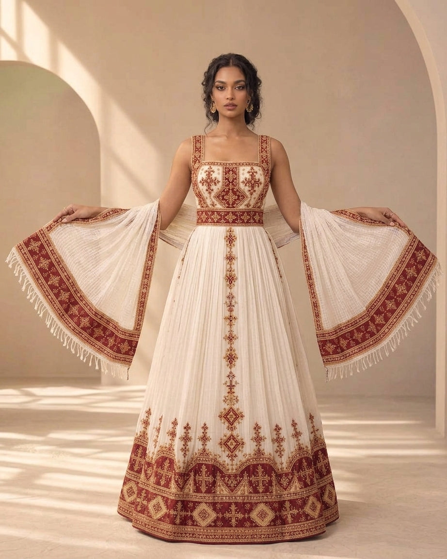 AI-generated Majestic Ivory Habesha-Inspired Gown Regal Burgundy Tibeb Borders Ethiopian Clothing 1155