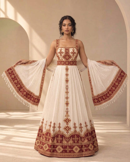 AI-generated Majestic Ivory Habesha-Inspired Gown Regal Burgundy Tibeb Borders Ethiopian Clothing 1155