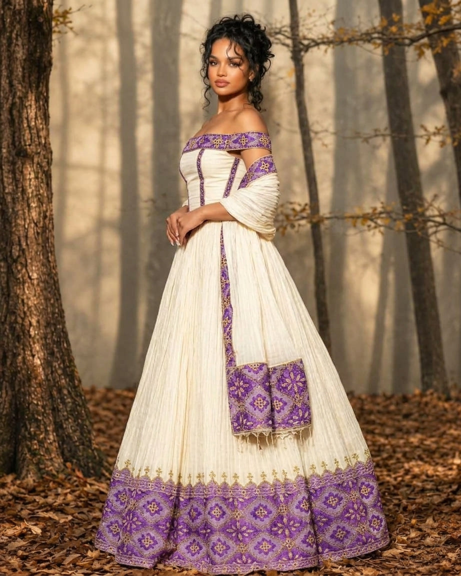 AI-Generated Off-The-Shoulder Royal-Purple & Gold Corset Habesha Kemis Elegant Ethiopian Dress 1294