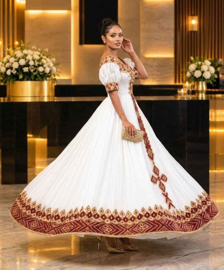 AI-Generated Off-The-Shoulder Crimson & Gold Geometric Habesha Kemis Royal Ethiopian Dress 1264