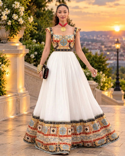 AI-Generated Sleeveless Sky-Blue & Multicolor Mosaic Habesha Kemis Regal Ethiopian Dress Concept 1182