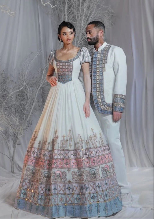 Glamorous Habesha Kemis with Pink Accents for Bride and Groom – Habesha Wedding Dress – Cultural Dress – Zuriya
