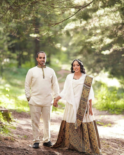 Artistry Unveiled: Handwoven Elegance in Habesha Couples' Outfit