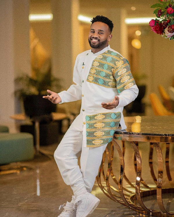 Contemporary Charm: Handwoven Modern Habesha Men's Outfit Includes Pants