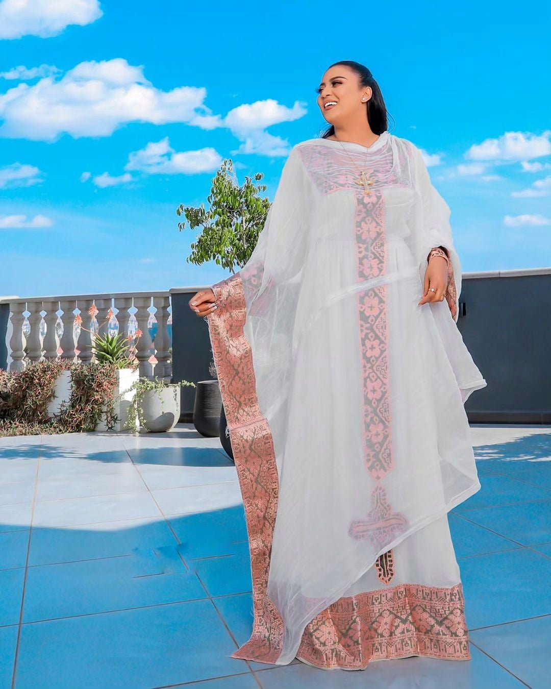 Ethereal Grace: Beautiful Light Pink Design Habesha Dress in Menen Fabric and Cotton Bliss