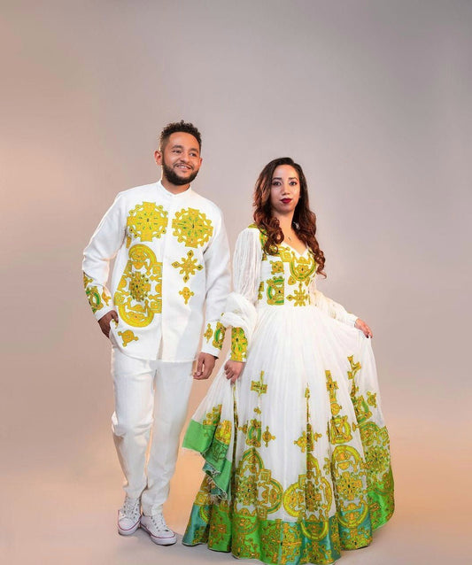 Harmony in Hues: Vibrant Yellow and Green Ethiopian Couples Ensemble Habesha couple's outfit