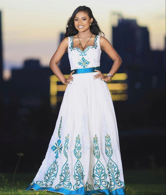 Sapphire Splendor Habesha Kemis: Beaded Modern Habesha Dress