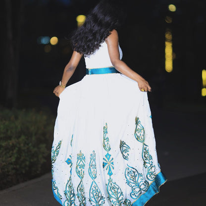 Sapphire Splendor Habesha Kemis: Beaded Modern Habesha Dress