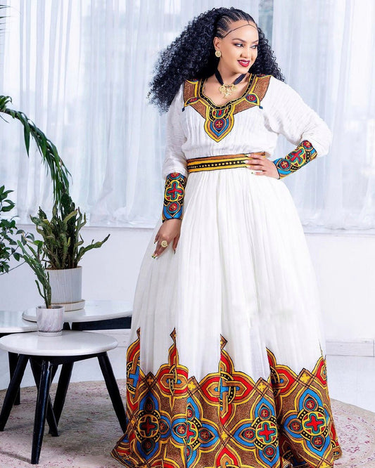 Vibrant Splendor Habesha Dress: Exquisite Wide Tilet Design Habesha Kemis