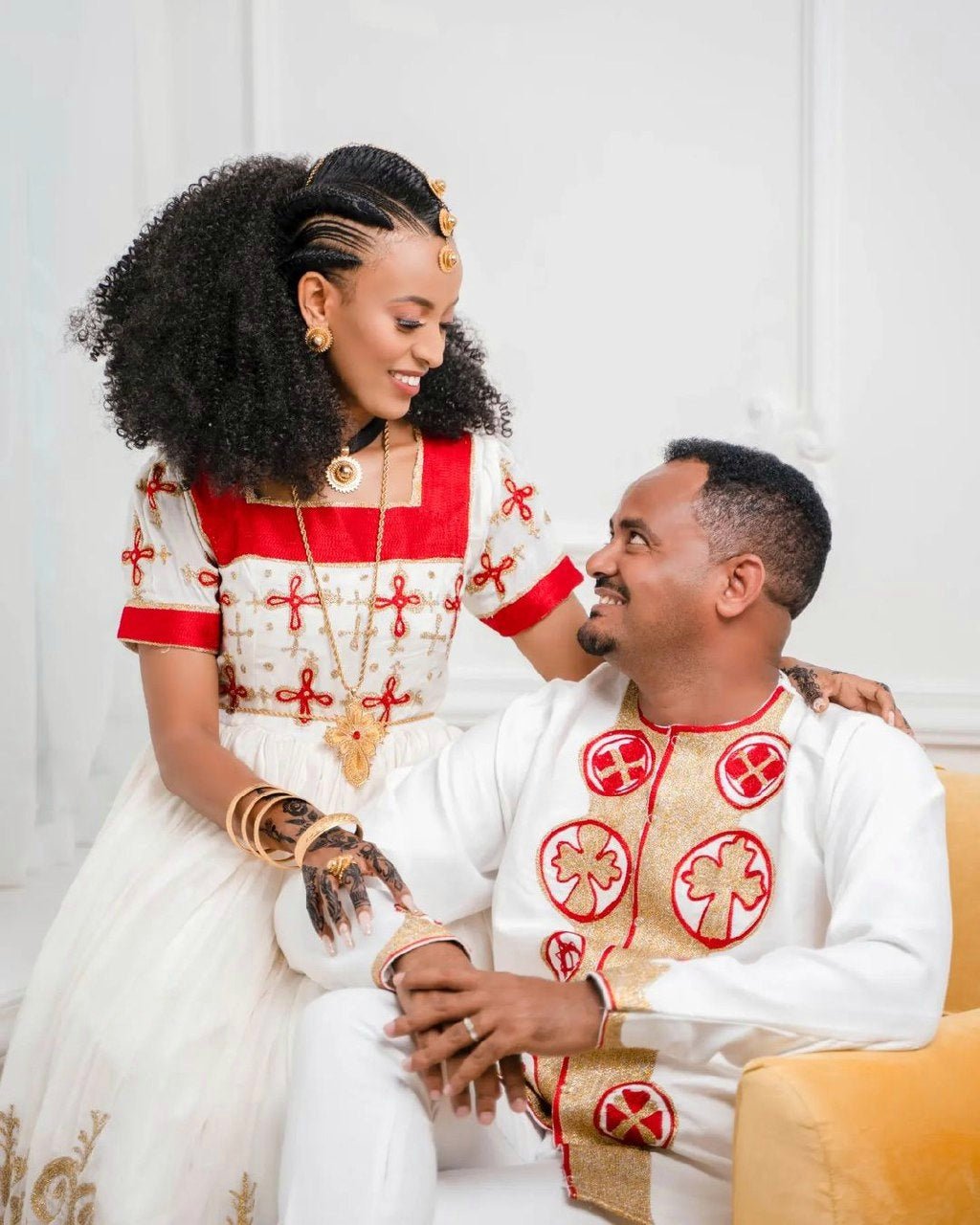 Radiant Red Habesha Couples Outfit Vibrant Habesha Couples' Attire / Includes man's pants and shoes