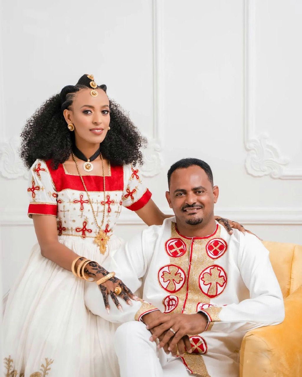 Radiant Red Habesha Couples Outfit Vibrant Habesha Couples' Attire / Includes man's pants and shoes