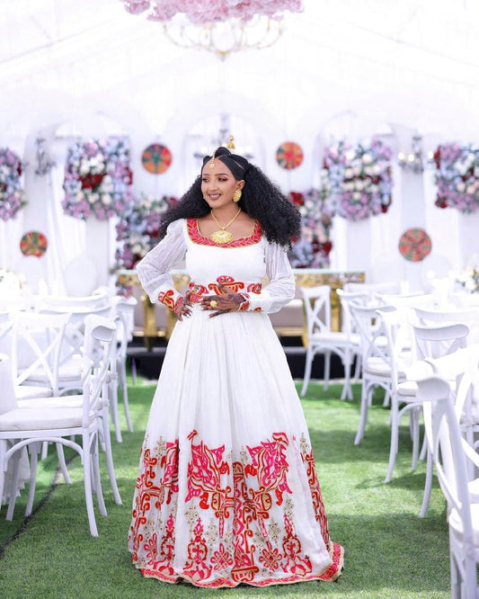 Radiant Roses Habesha dress Embrace Ethiopian Elegance with Vibrant Red and Pink Habesha Kemis