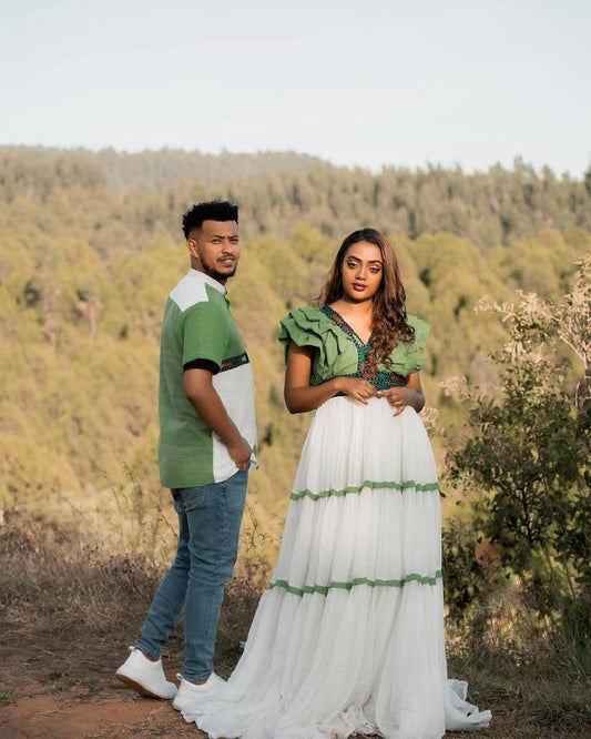 Ethiopian Elegance: Green Design in Habesha Couples Outfit