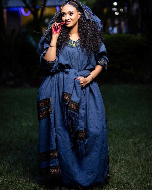 Gorgeous Blue Raya Dress Cultural Ethiopian Dress Traditional Raya Dress