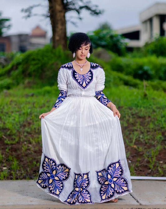 Chic Habesha Dress with Dark Blue Blossoms Habesha Kemis Simple Ethiopian Dress