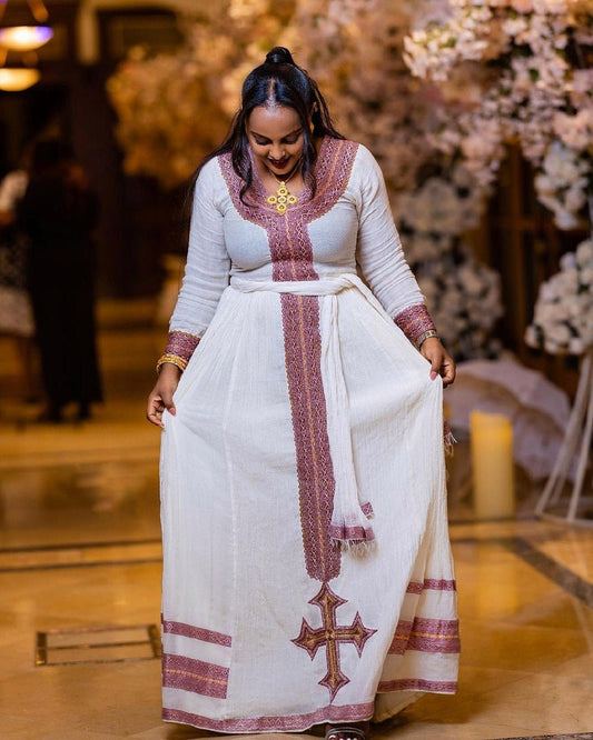 Elegant pink habesha dress modern habesha kemis simple Ethiopian dress