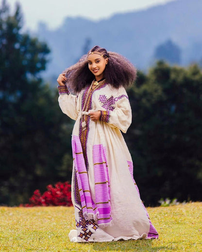 Light Purple Fetil Ethiopian Cultural Dress Traditional Habesha Kemis Ethiopian Dress Style