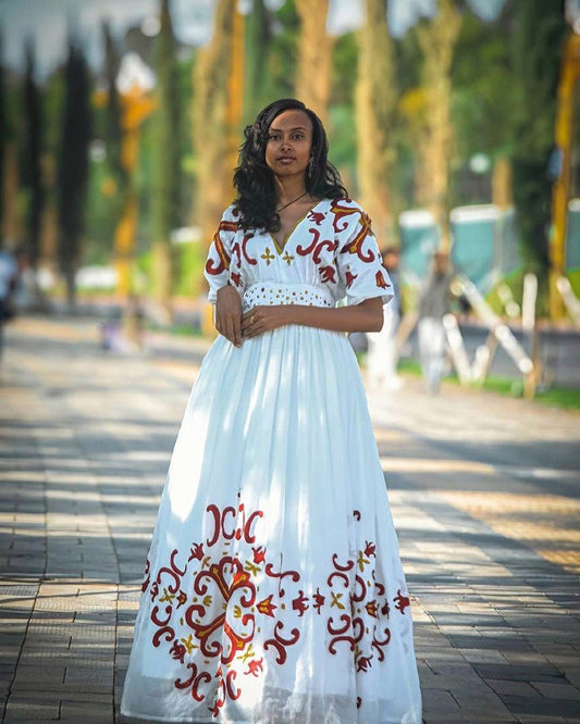 Modern Elegant Habesha Dress Red Pattern Habesha Kemis Ethiopian Dress Style