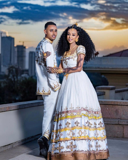 Sparkling Brown and Yellow Habesha Couples Outfit for Weddings Habesha Wedding Outfit Matching Couples Outfit