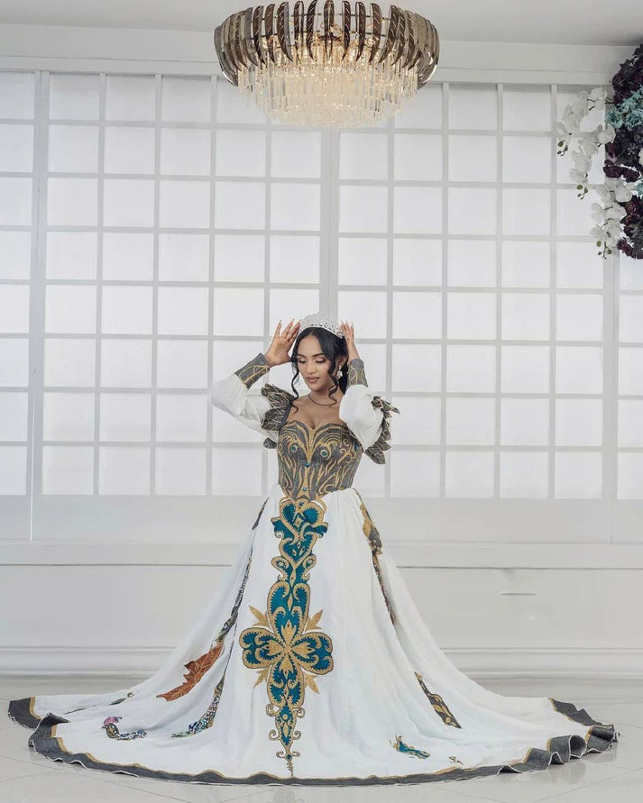 Spectacular Dark Green and Gray Habesha Wedding Dress