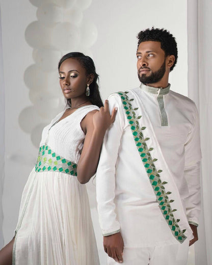 Green Wedding Stylish Habesha Couples Outfit Modern Ethiopian Outfit Matching Couples Outfit
