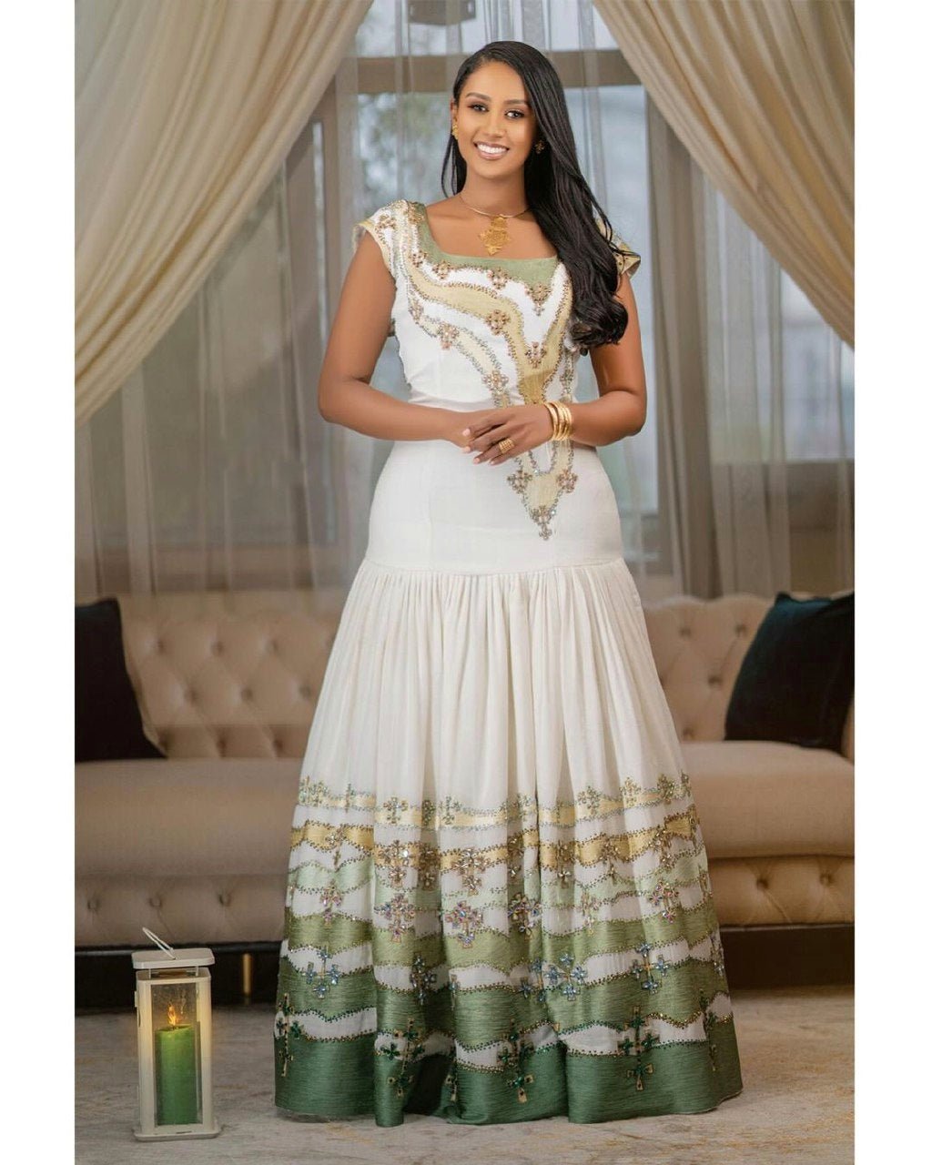 Green Design Shape Beaded Habesha Dress Modern Habesha Kemis Traditional Ethiopian dress Style