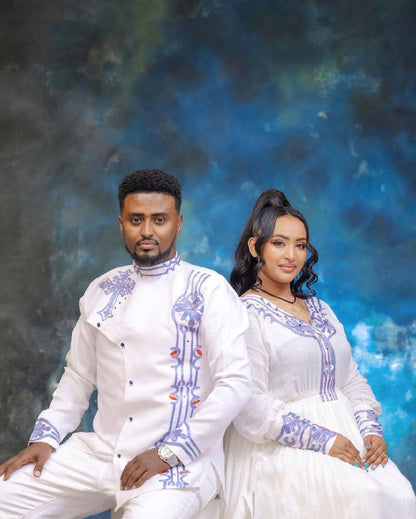 Blue Design Habesha Couples' Outfits
