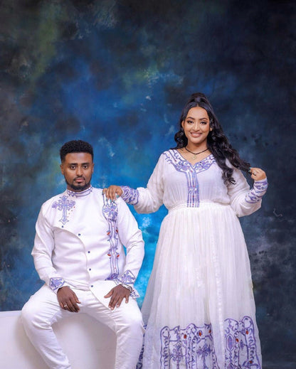 Blue Design Habesha Couples' Outfits in Ethereal Light Hues
