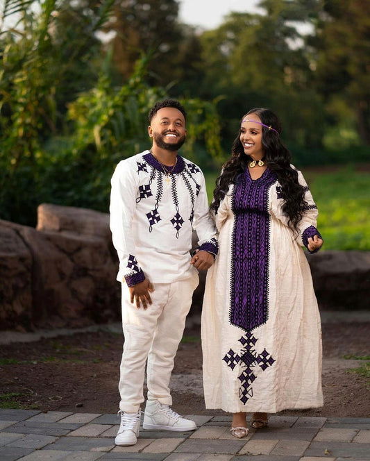 Habesha Couples' Outfits in Enchanting Purple Design