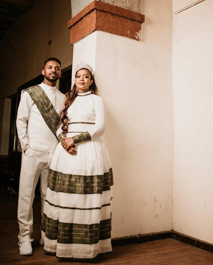 Verdant Elegance Habesha Couples' Outfits in Captivating Green Design