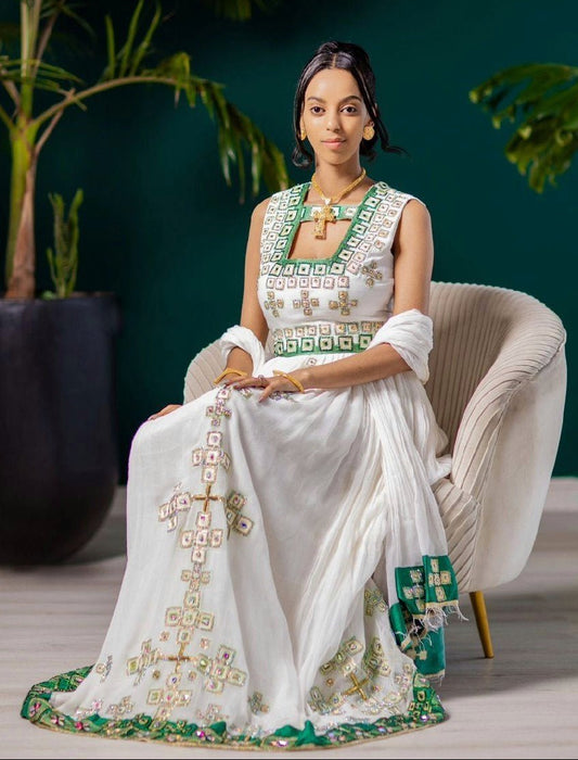 Modern Beaded Habesha Dress A Symphony of Green Beauty Ethiopian Habesha Dress