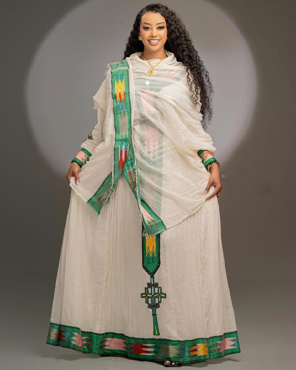 Emerald Green Design Ethiopian Traditional Dress with Modern Touch Habesha Dress