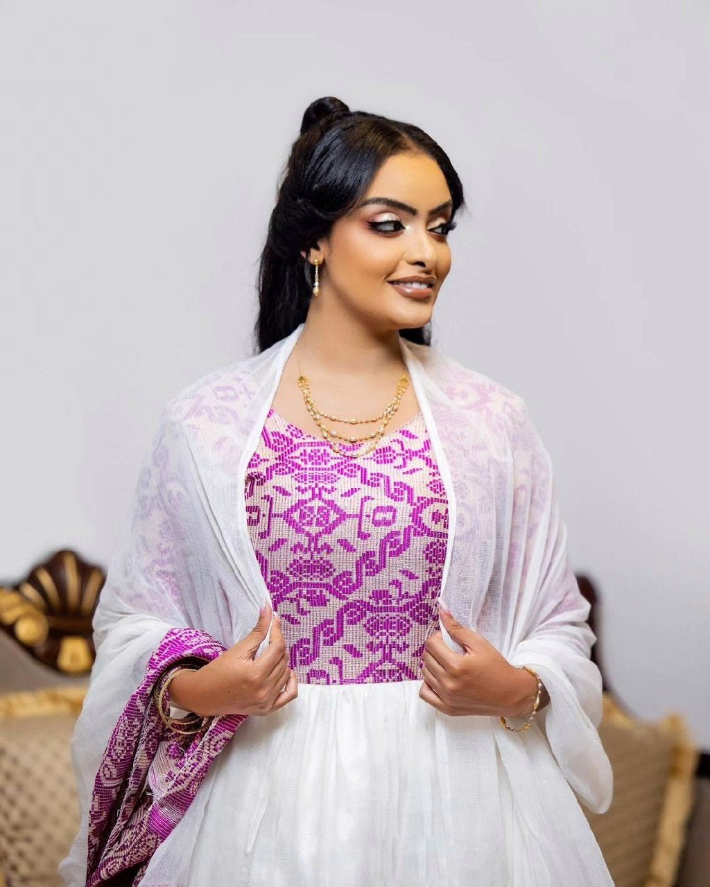 Royal Radiance: Modern Ethiopian Habesha Dress in Exquisite Purple Habesha Kemis Design