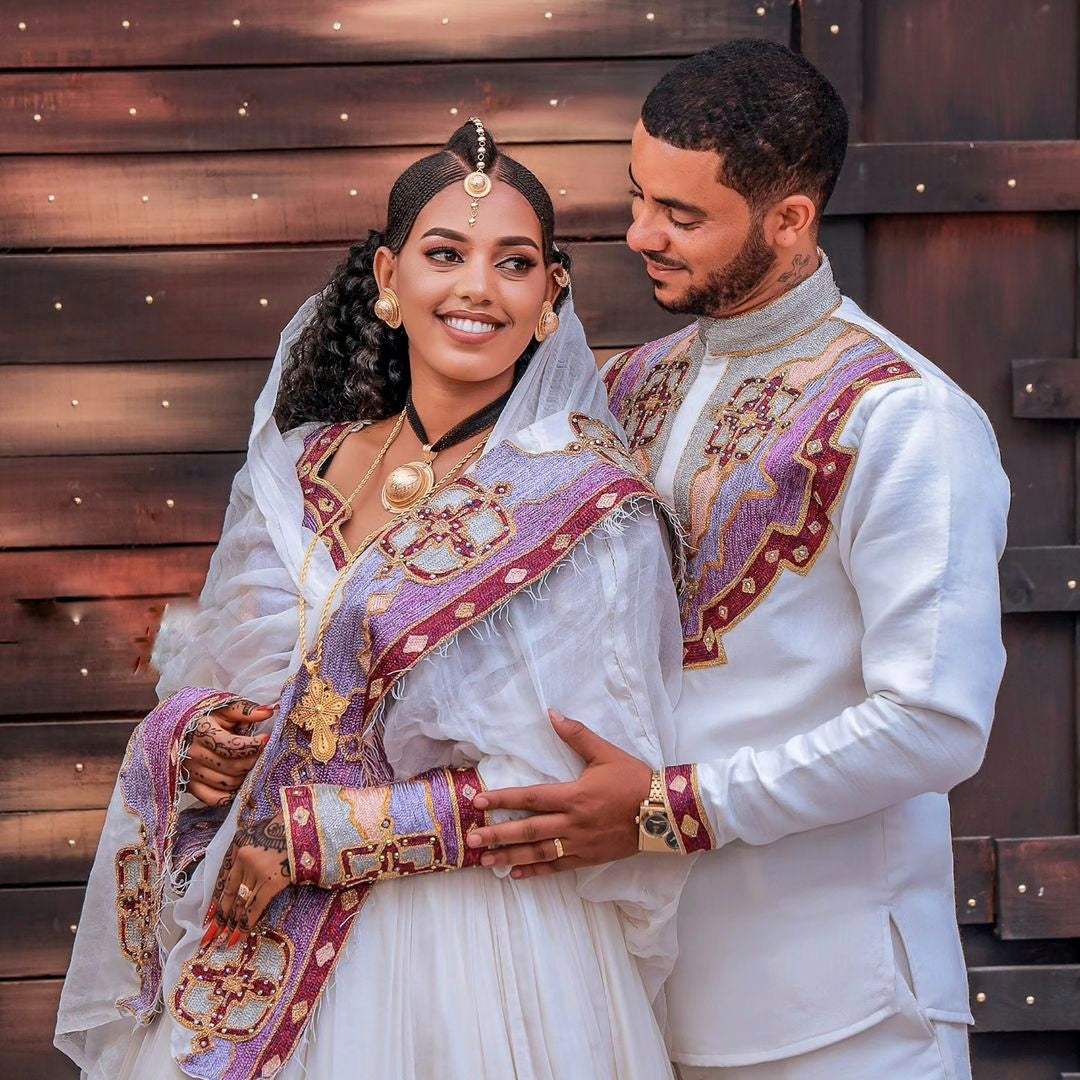 Gorgeous Habesha Wedding Dress Beaded Ethiopian Couples Outfit