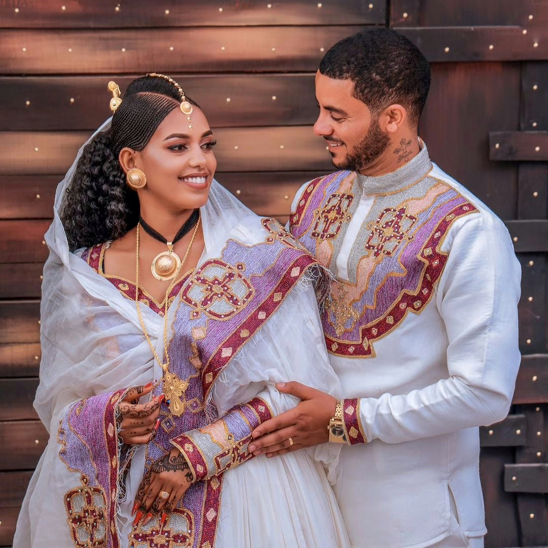 Gorgeous Habesha Wedding Dress Beaded Ethiopian Couples Outfit