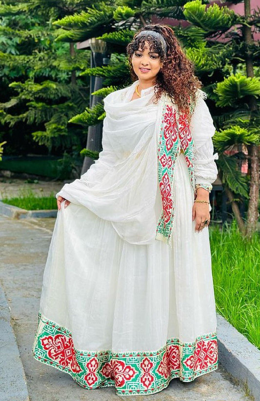 Impeccable Red and Green Traditional Ethiopian Dress: with Handcrafted Intricate Embroidery Habesha Dress Beautiful Habesha Kemis